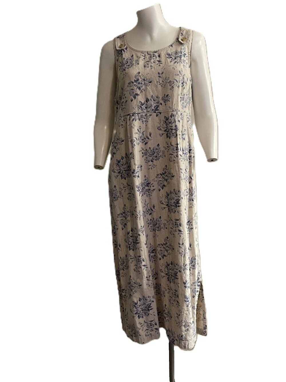 Vtg Overall Jumper Floral Maxi Dress M Linen Cotton Blue Oatmeal Cottagecore